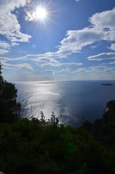 Sun shining over the Mediterranean over Italy's Amalfi Coast.