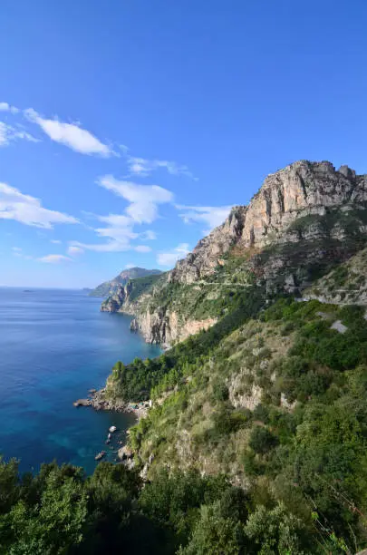 Beautiful scenery along Italy's Amalfi Coast with rolling hills and blue skies.
