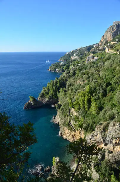 Beautiful scenic views of the Amalfi Coast looking down at the Mediterranean.
