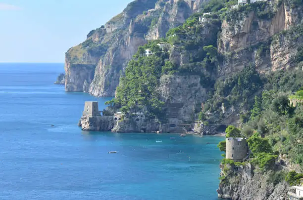 Rocky coast and a beautiful seascape of the Amalfi Coast in Italy.