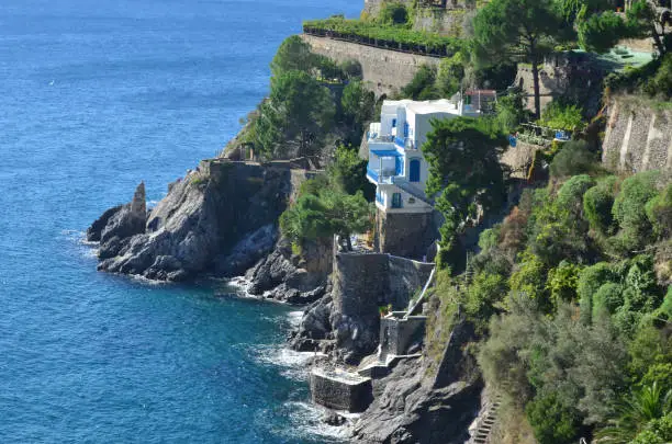 White and blue home perched on the sea cliff on the Amalfi Coast in Italy.