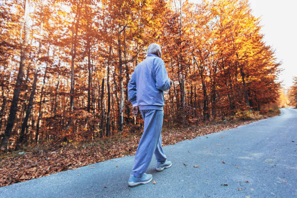 istock Elderly sporty man running in forest during morning workout. 1137613033