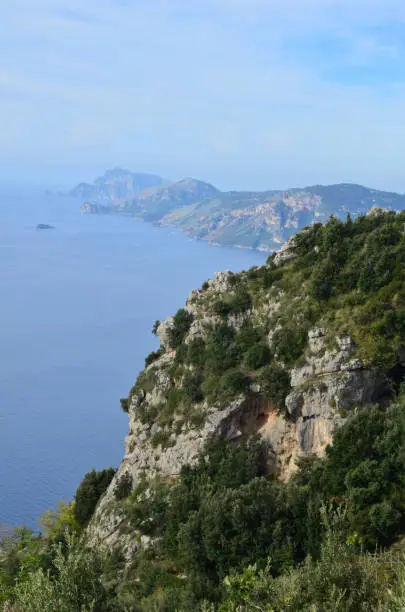 Gorgeous winding coastline and rolling hills along Italy's Amalfi Coast.