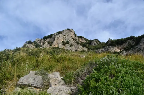 Scenic rock hills and lush landscape along Italy's Amalfi Coast.