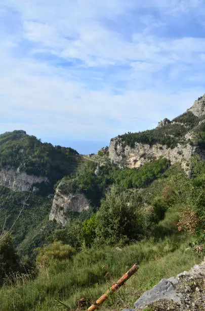 Ragged rugged coastline along the Amalfi coast in italy.