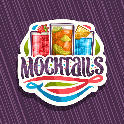Vector sign for Mocktails, white label with 3 non alcoholic drinks, original lettering for word mocktails and flourishes, alcohol free soft cocktails with fresh fruits and berry for fun beach holiday