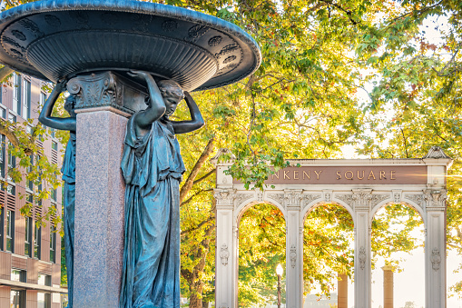 Stock photograph of the Skidmore Fountain on Ankeny Square in downtown Portland Oregon USA on a sunny morning