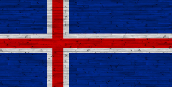 Close-up view of the Iceland national flag waving in the wind. Blue flag with a white-edged red Nordic cross. 3d illustration render. Fluttering fabric.