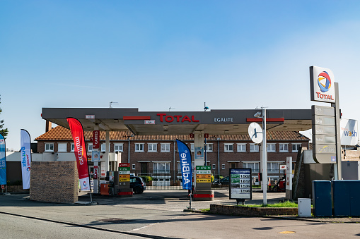 Tourcoing,FRANCE-March 22,2019:View of the gas station Total.Total it is French oil and gas company dealing in the distribution, processing and sale of oil and gas.Founded in 1924.