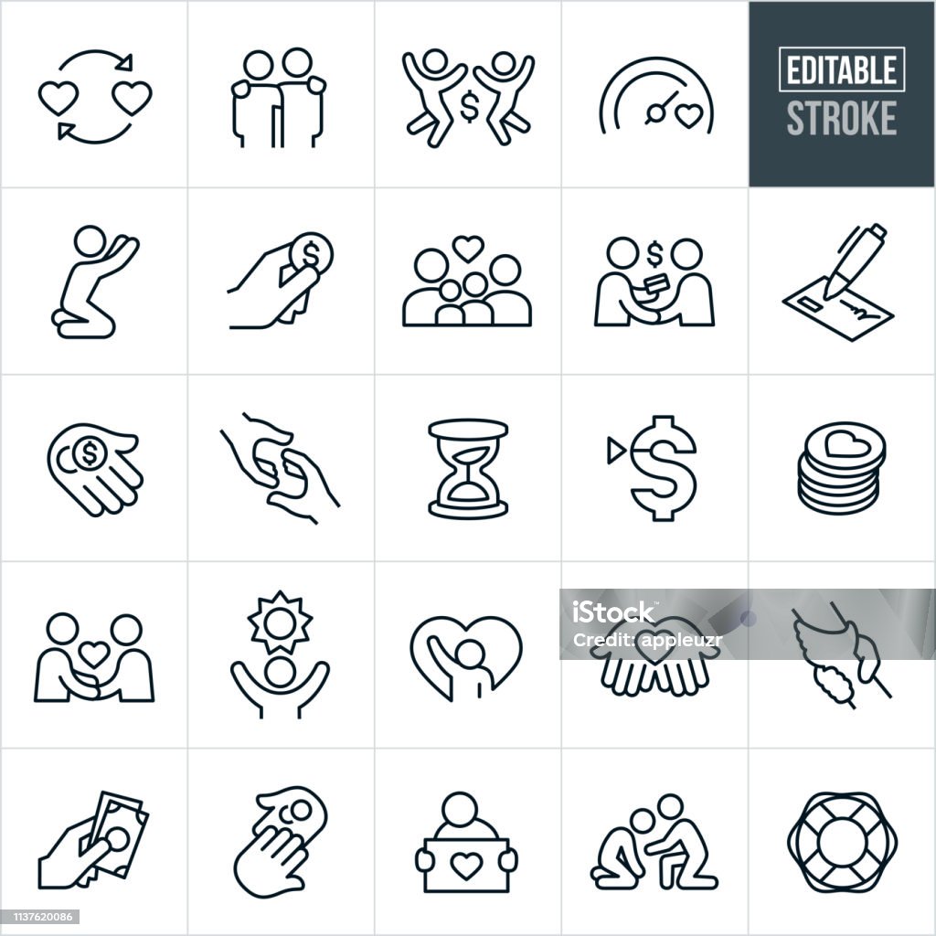 Charity Thin Line Icons - Editable Stroke A set of charitable giving icons that include editable strokes or outlines using the EPS vector file. The icons include charitable donations, helping hand, giving money, family in need, philanthropists, donors, check, needy, fundraising, giving hope, assisting the needy and other related icons. Icon Symbol stock vector