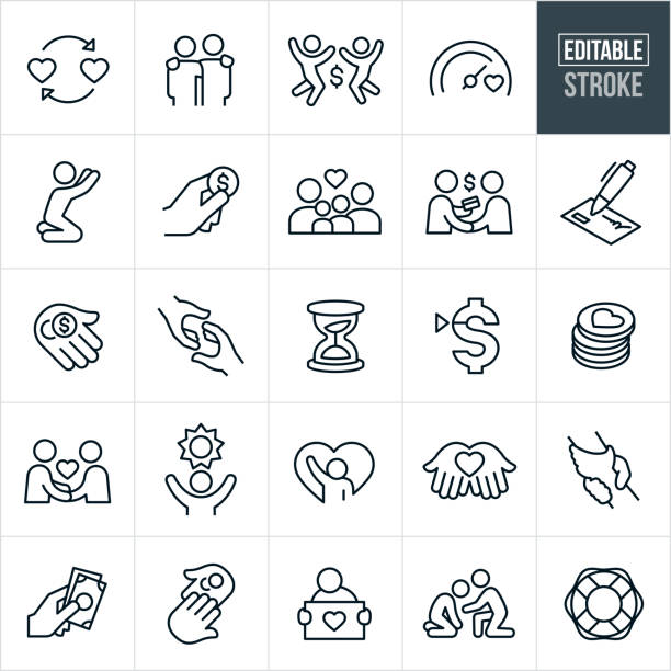 Charity Thin Line Icons - Editable Stroke A set of charitable giving icons that include editable strokes or outlines using the EPS vector file. The icons include charitable donations, helping hand, giving money, family in need, philanthropists, donors, check, needy, fundraising, giving hope, assisting the needy and other related icons. begging social issue stock illustrations