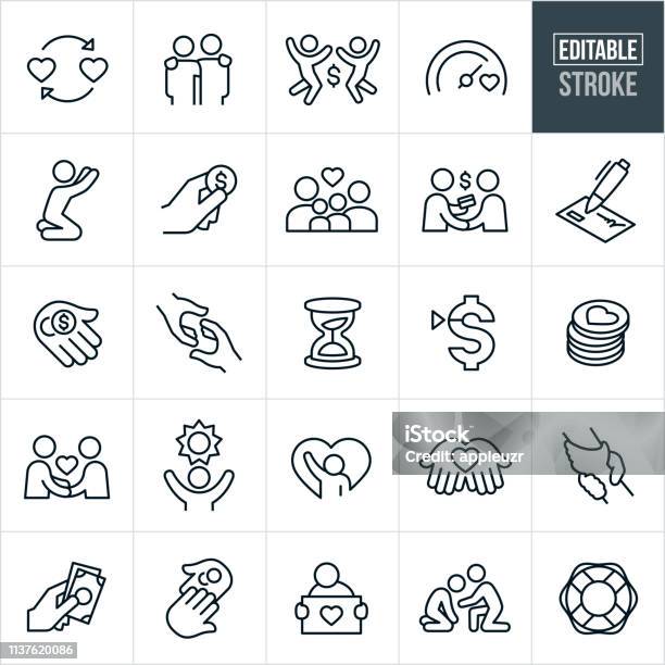 Charity Thin Line Icons Editable Stroke Stock Illustration - Download Image Now - Icon Symbol, Family, Community Outreach