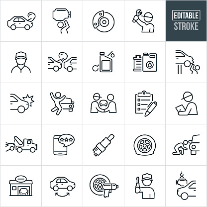 A set of automobile repair icons that include editable strokes or outlines using the EPS vector file. The icons include mechanics, broken down car, engine repair, car brakes, car accident, oil, radiator, auto body damage, tow truck, tires, spark plug, auto body shop, tire rotation, flat tire and engine installation to name just a few.