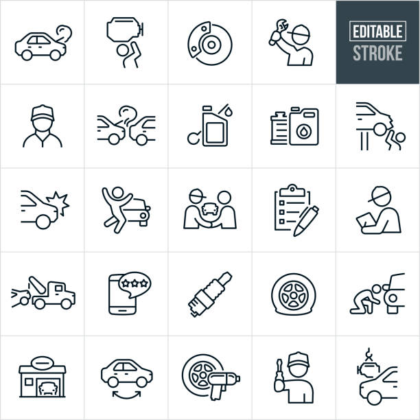Auto Repair Thin Line Icons - Editable Stroke A set of automobile repair icons that include editable strokes or outlines using the EPS vector file. The icons include mechanics, broken down car, engine repair, car brakes, car accident, oil, radiator, auto body damage, tow truck, tires, spark plug, auto body shop, tire rotation, flat tire and engine installation to name just a few. mechanic stock illustrations