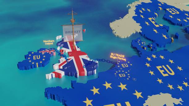 istock Brexit - 3D illustration - UK sailing away 1137624329