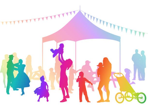 Joy Flag Festival Rainbow Fun at the fair with the whole family with party tent entertainment tent illustrations stock illustrations