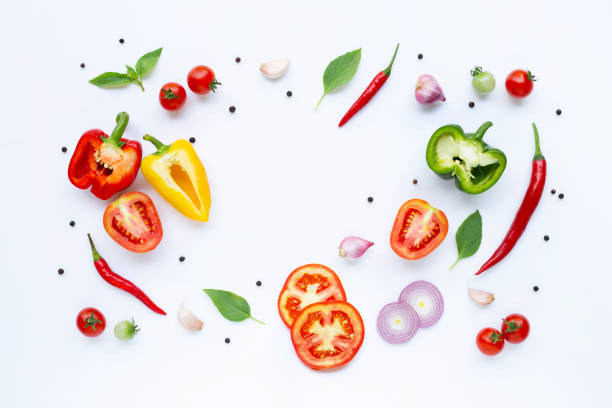 istock Various fresh vegetables and herbs on white background. Healthy eating concept 1137631313