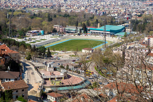 Bursa, Turkey - March 21, 2019; Old Ataturk Stadium view from Tophane Hill in Bursa, Turkey
