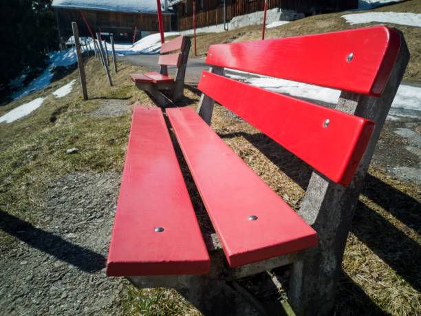 istock Two red benches in the swiss mountains 1137637610