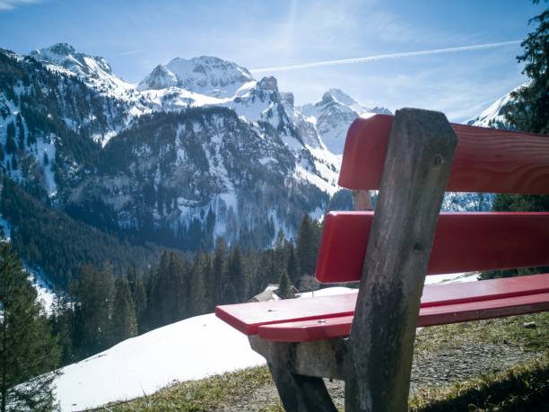 istock Red bench with snowy mountains and blue sky in the background 1137637624