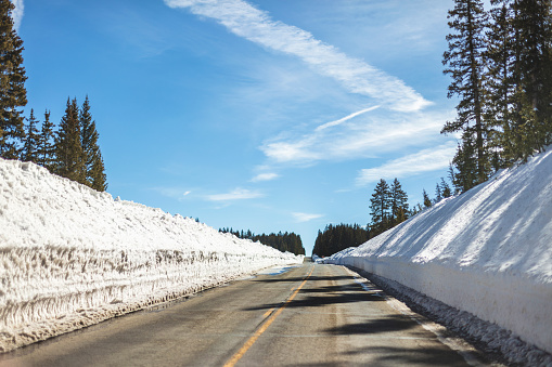 Mountain Road with High Snow Banks in Late Winter in Western Colorado on Grand Mesa National Forest (Shot with Canon 5DS 56mp photos professionally retouched - Lightroom / Photoshop - original size 5792 x 8688)