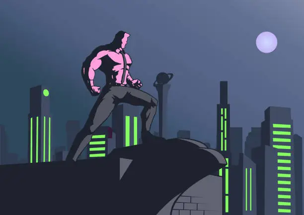 Vector illustration of Vector Retro Worker on a Rooftop with City Buildings Background