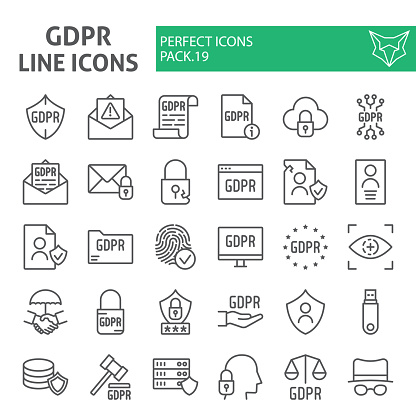 Gdpr line icon set, general data protection regulation symbols collection, vector sketches, logo illustrations, security signs linear pictograms package isolated on a white background, eps 10.