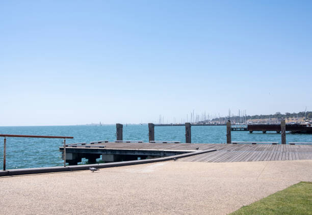 istock Empty Large Wooden Area Ground on a Pier on a Waterfront 1137643496