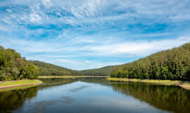 istock Winding river flanked by natural woodlands on the both sides 1137644631