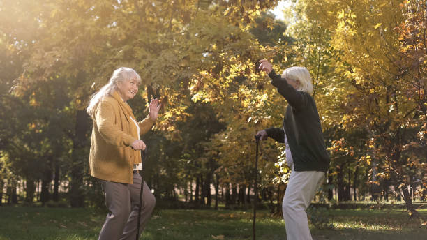 istock Two elder friends dancing and having fun in autumn park, active lifestyle, joy 1137646175