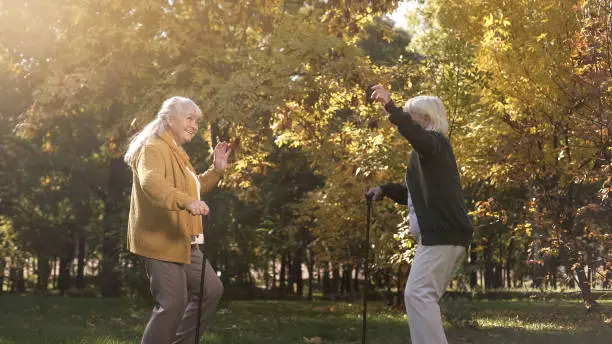 Two elder friends dancing and having fun in autumn park, active lifestyle, joy