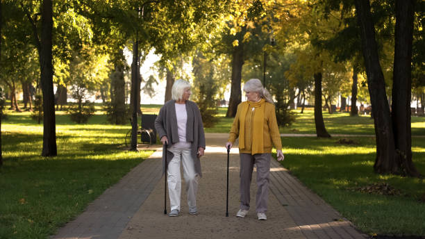 istock Two smiling old women talking walking in park, nursing home for elderly, leisure 1137646569