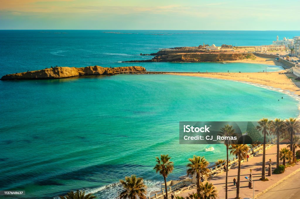Monastir. Tunisia. Panoramic view of the city and the coast opens from the observation tower Ribat View of the Mediterranean Sea. Monastir. Tunisia. Panoramic view of the city and the coast opens from the observation tower Ribat Tunisia Stock Photo