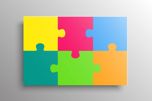 Background with six colorful puzzle jigsaw separate pieces, parts. Rectange group detail. Puzzle background, banner, blank. Vector jigsaw section template. Background with six colorful puzzle frame separate pieces, mosaic, details, tiles, parts. Rectange abstract jigsaw. Game group detail. puzzle backgrounds stock illustrations
