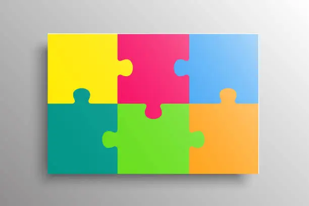 Vector illustration of Background with six colorful puzzle jigsaw separate pieces, parts. Rectange group detail.