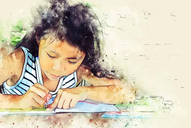 Photo of Abstract Beautiful girl kid writing on book on watercolor illustration painting background.