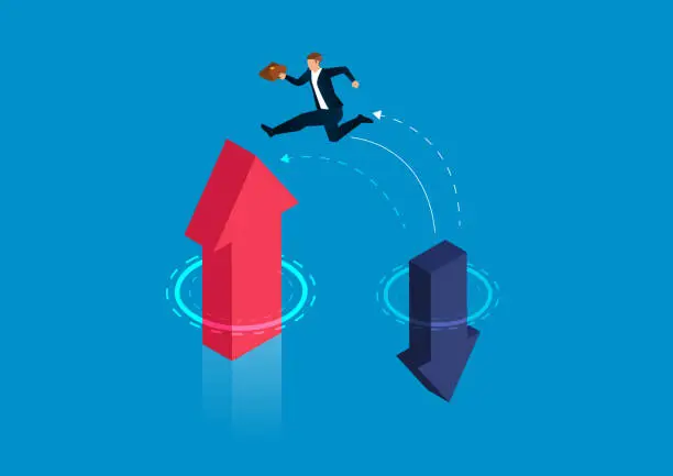 Vector illustration of Businessman jumps from falling arrow to rising arrow