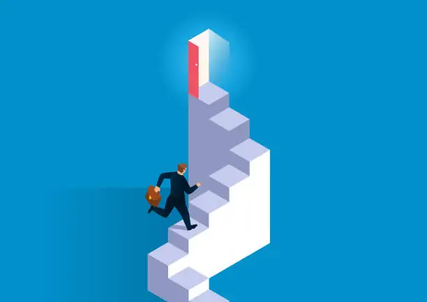 Vector illustration of Career development, the staircase leading to the door to success