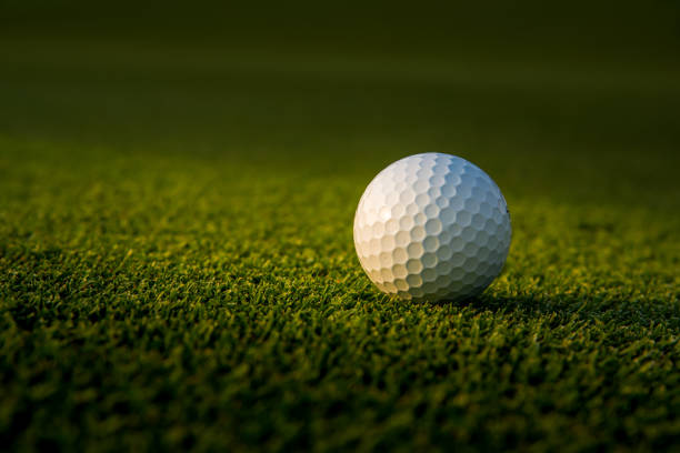 ドラマチックなゴルファーは、ゴルフコースで緑の草の上にゴルフボールを入れている。 - sports flag flag shadow golf flag ストックフォトと画像