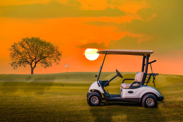 istock A Golf cart parking on green grass at golf course with big tree and sun set sky background 1137671295