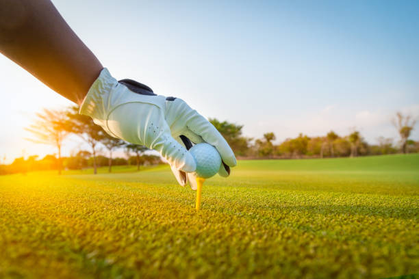 istock A golfer glove hand putting golf ball on tee in golf course with sunlight ray and golf course view background. 1137671376