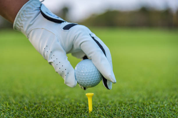 istock A golfer glove hand putting golf ball on tee in golf course with sunlight ray and golf course view background. 1137671456