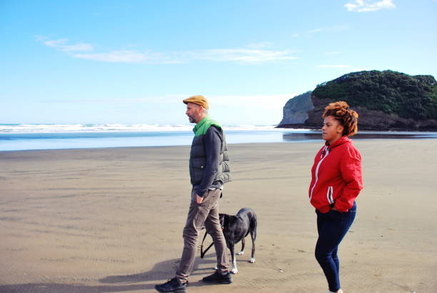 istock Couple Walks Dog on Remote Beach in Winter 1137672923