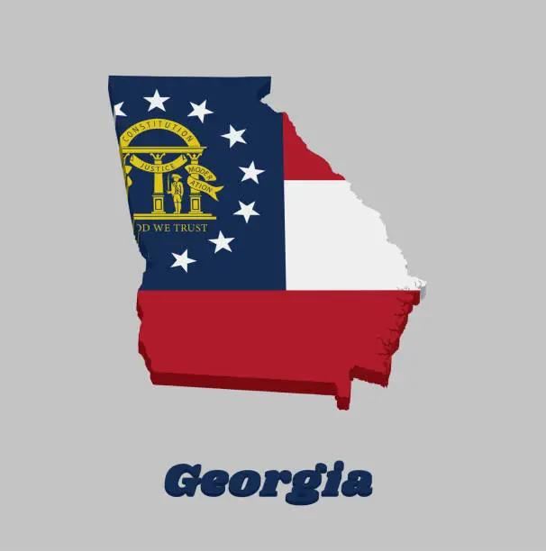 Vector illustration of 3D Map outline and flag of Georgia, Three stripes consisting of red white red. A blue canton containing a ring of 13 stars encompassing the coat of arms in gold.