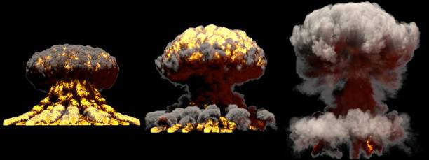 istock 3D illustration of explosion - 3 big different phases fire mushroom cloud explosion of super bomb with smoke and flame isolated on black background 1137688266