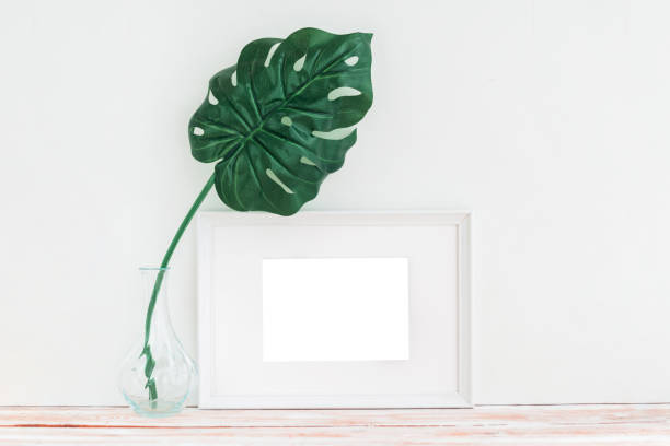 istock Empty white wooden frame and green palm leaf in vase on white background with copy space. Mockup. 1137704455