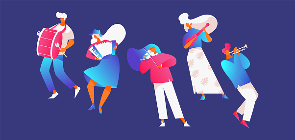Vector set with street musicians playing music. Group of people, good for festival celebration design.