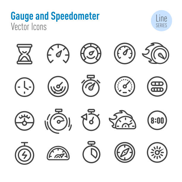 ilustraciones, imágenes clip art, dibujos animados e iconos de stock de iconos de medidor y velocímetro-vector line series - barómetro
