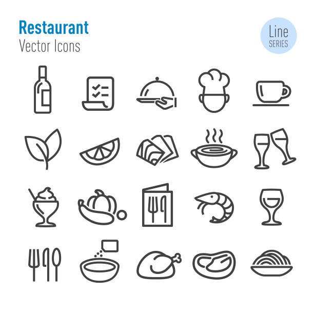 ikony restauracji - seria vector line - spoon vegetable fork plate stock illustrations