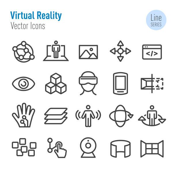 Virtual Reality Icons Set - Vector Line Series Virtual Reality, technology, wide angle stock illustrations